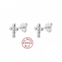 Sterling Silver Round Bead Cross Stud Earrings 