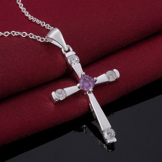 Silver Plated Cross Pendant CZ Amethyst