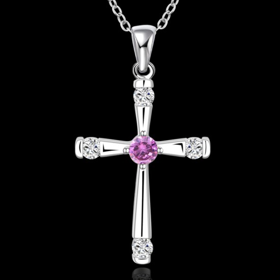 Silver Plated Cross Pendant CZ Amethyst